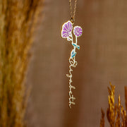 Personalized Birth Flower Name Necklace, Custom Vertical Name Necklace